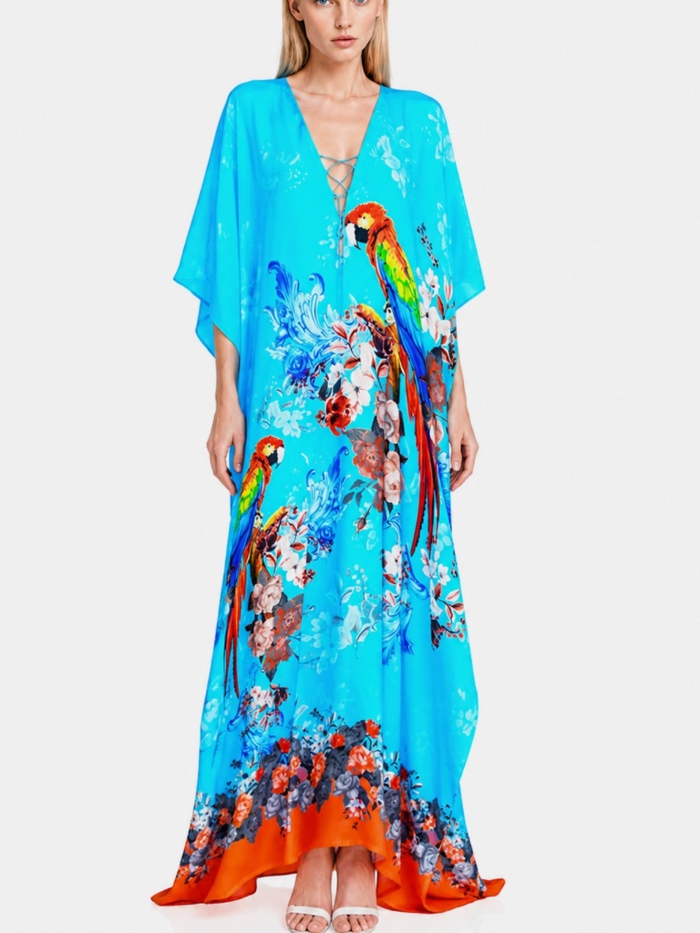 Shahida Parides Turquoise Parrot Floral Kaftan Caftan Maxi Dress Resort Wear